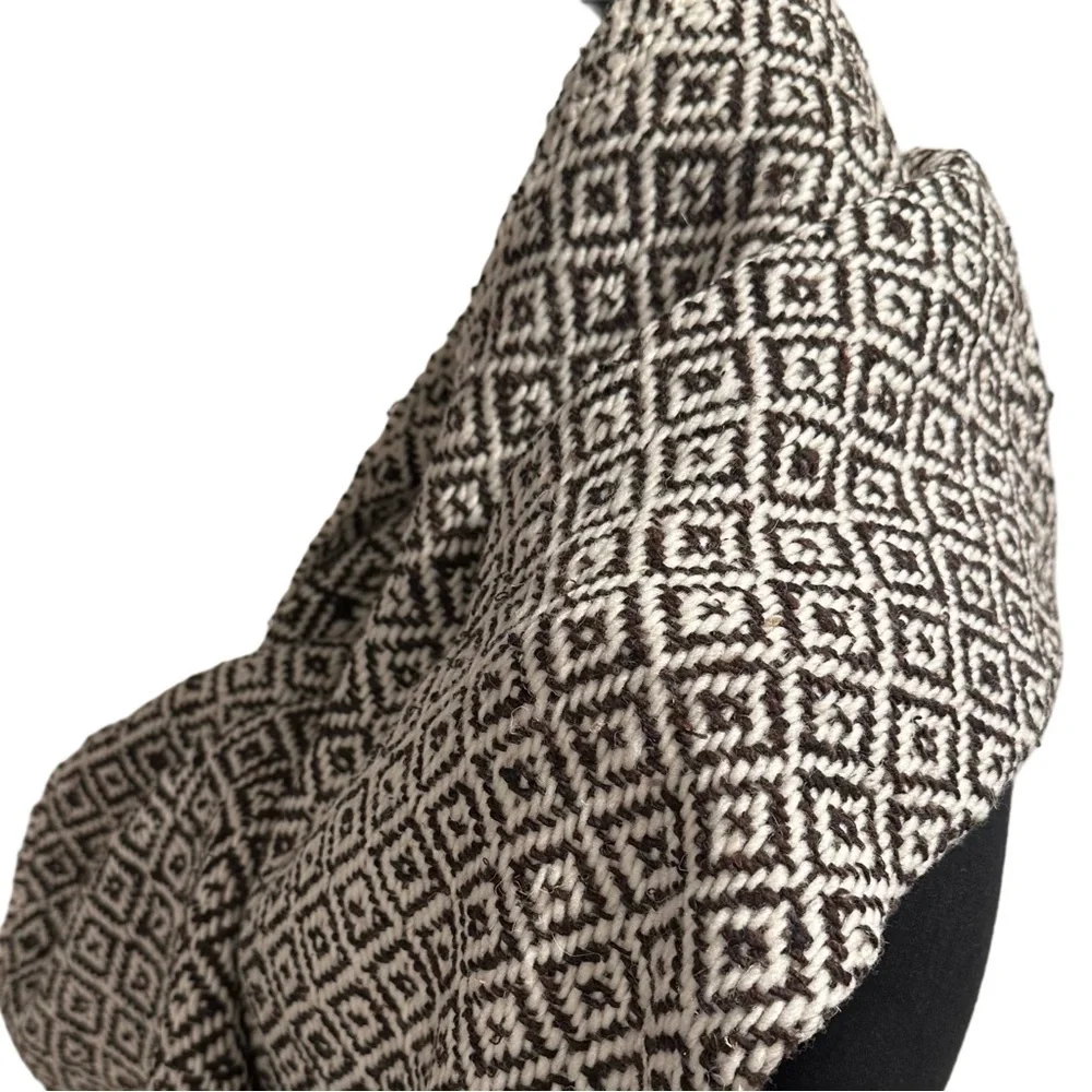 Mexican Rebozo Shawl in Brown on Cream –100% Raw Wool, Thick, Large Winter Wrap